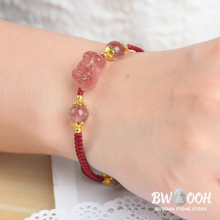 Buddha Stones Natural Strawberry Crystal Pixiu Charm Lucky Red String Bracelet - BWOOOH - Strawberry Quartz(Wrist