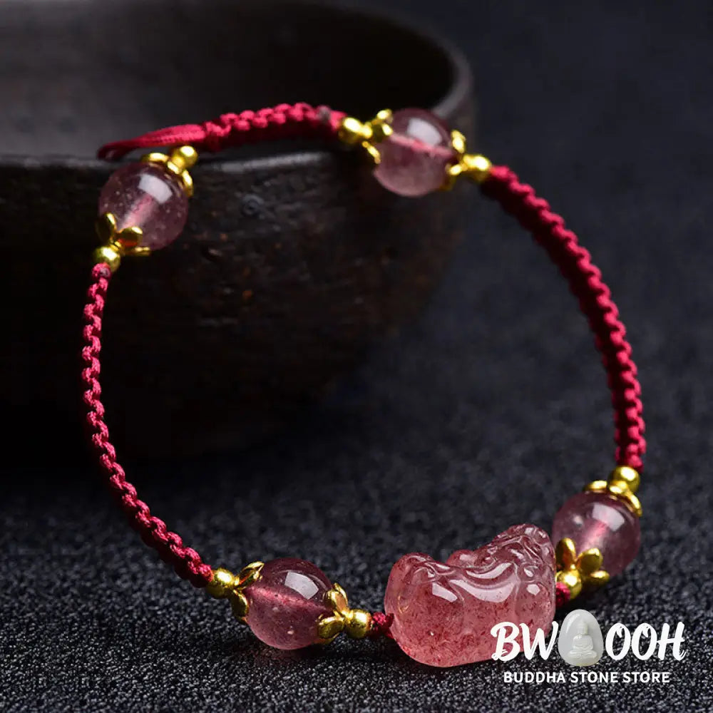 Buddha Stones Natural Strawberry Crystal Pixiu Charm Lucky Red String Bracelet - BWOOOH - Strawberry Quartz(Wrist