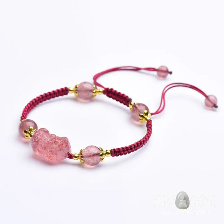 Buddha Stones Natural Strawberry Crystal Pixiu Charm Lucky Red String Bracelet - BWOOOH - Strawberry Quartz(Wrist