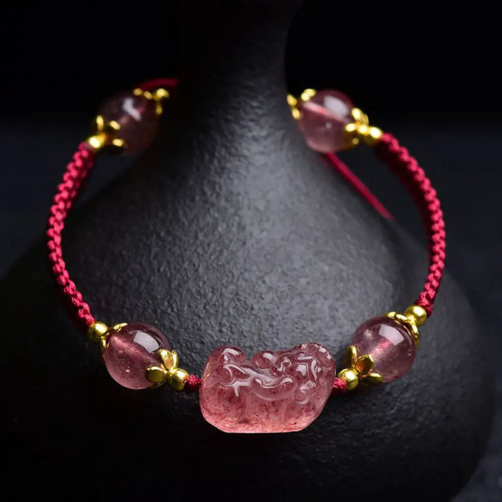 BWOOOH Natural Strawberry Crystal Pixiu Charm Lucky Red String Bracelet – Pixiu feng shui car charm for healing and spiritual wellness