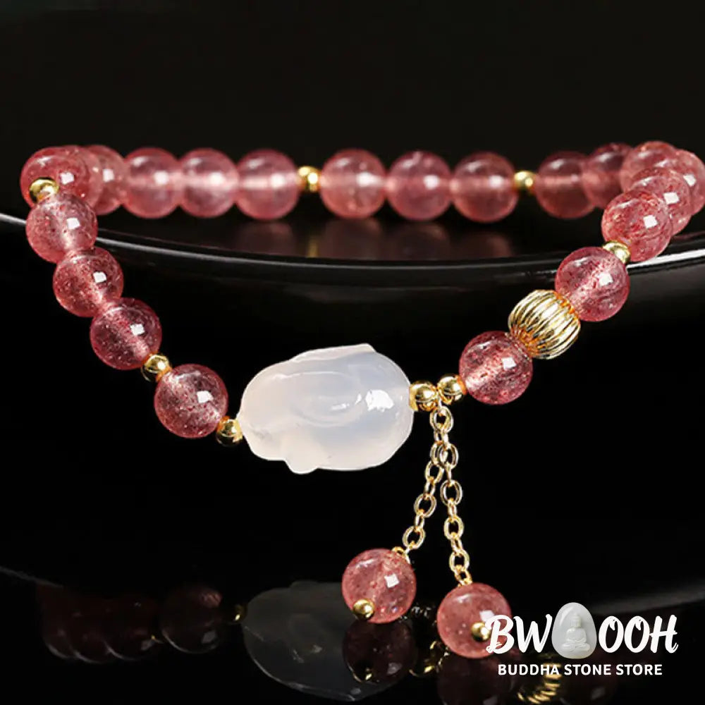 Buddha Stones Natural Strawberry Quartz Agate Rabbit Healing Bracelet - BWOOOH - Strawberry Quartz(Wrist Circumference