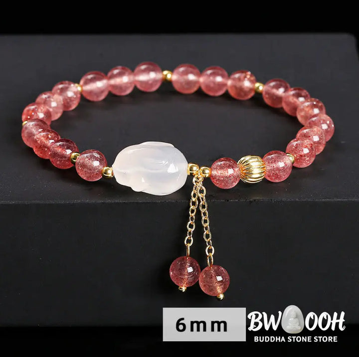 Buddha Stones Natural Strawberry Quartz Agate Rabbit Healing Bracelet - BWOOOH - Strawberry Quartz(Wrist Circumference