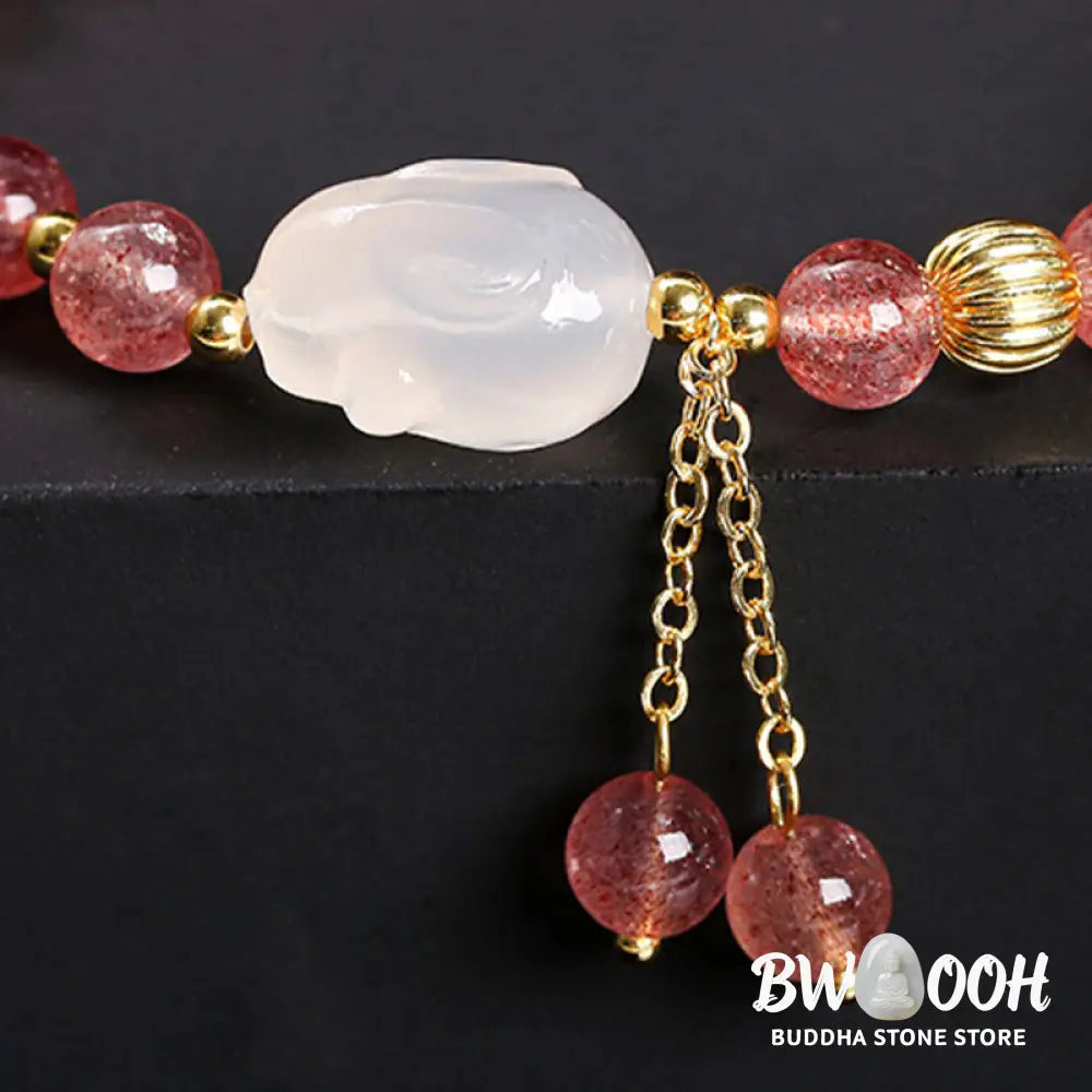 Buddha Stones Natural Strawberry Quartz Agate Rabbit Healing Bracelet - BWOOOH - Strawberry Quartz(Wrist Circumference