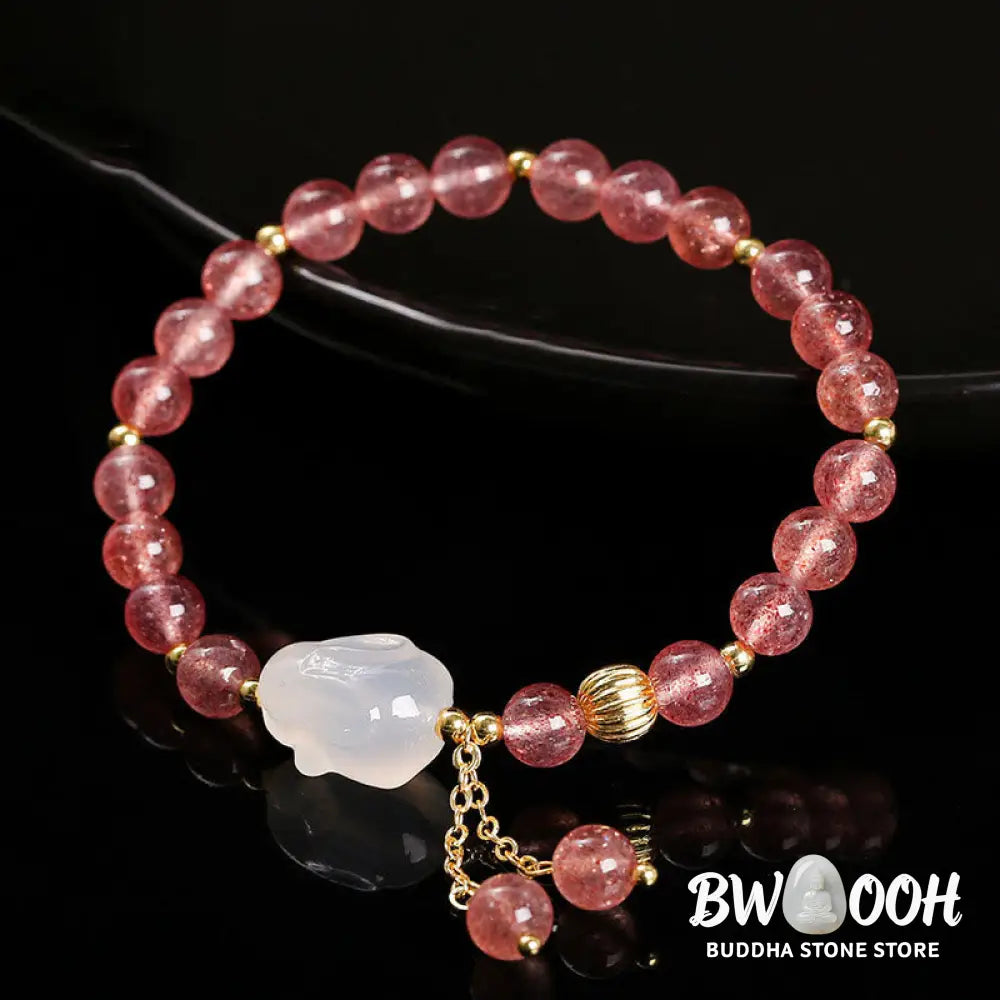 Buddha Stones Natural Strawberry Quartz Agate Rabbit Healing Bracelet - BWOOOH - Strawberry Quartz(Wrist Circumference