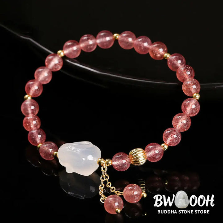 Buddha Stones Natural Strawberry Quartz Agate Rabbit Healing Bracelet - BWOOOH - Strawberry Quartz(Wrist Circumference
