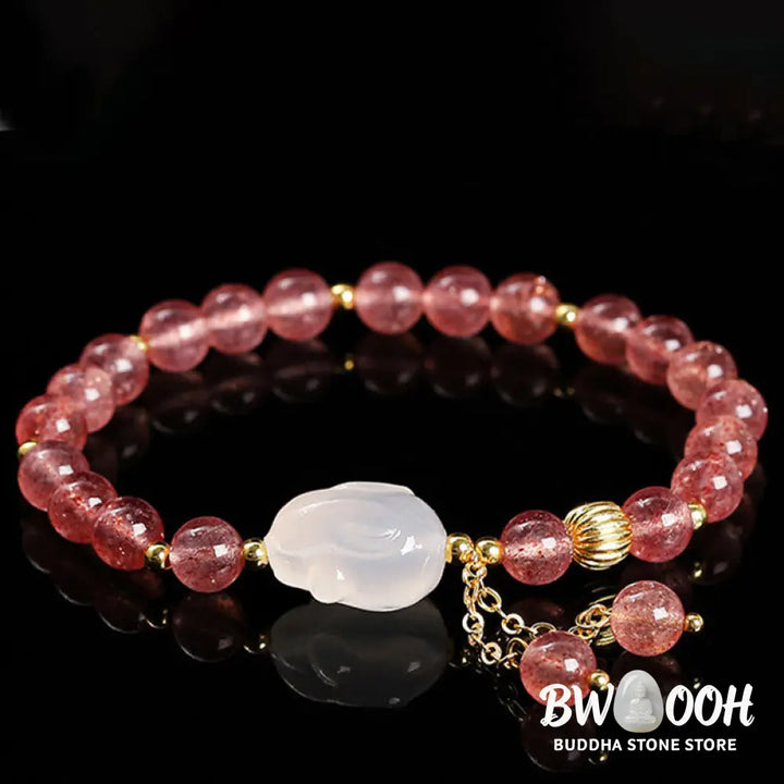 Buddha Stones Natural Strawberry Quartz Agate Rabbit Healing Bracelet - BWOOOH - Strawberry Quartz(Wrist Circumference