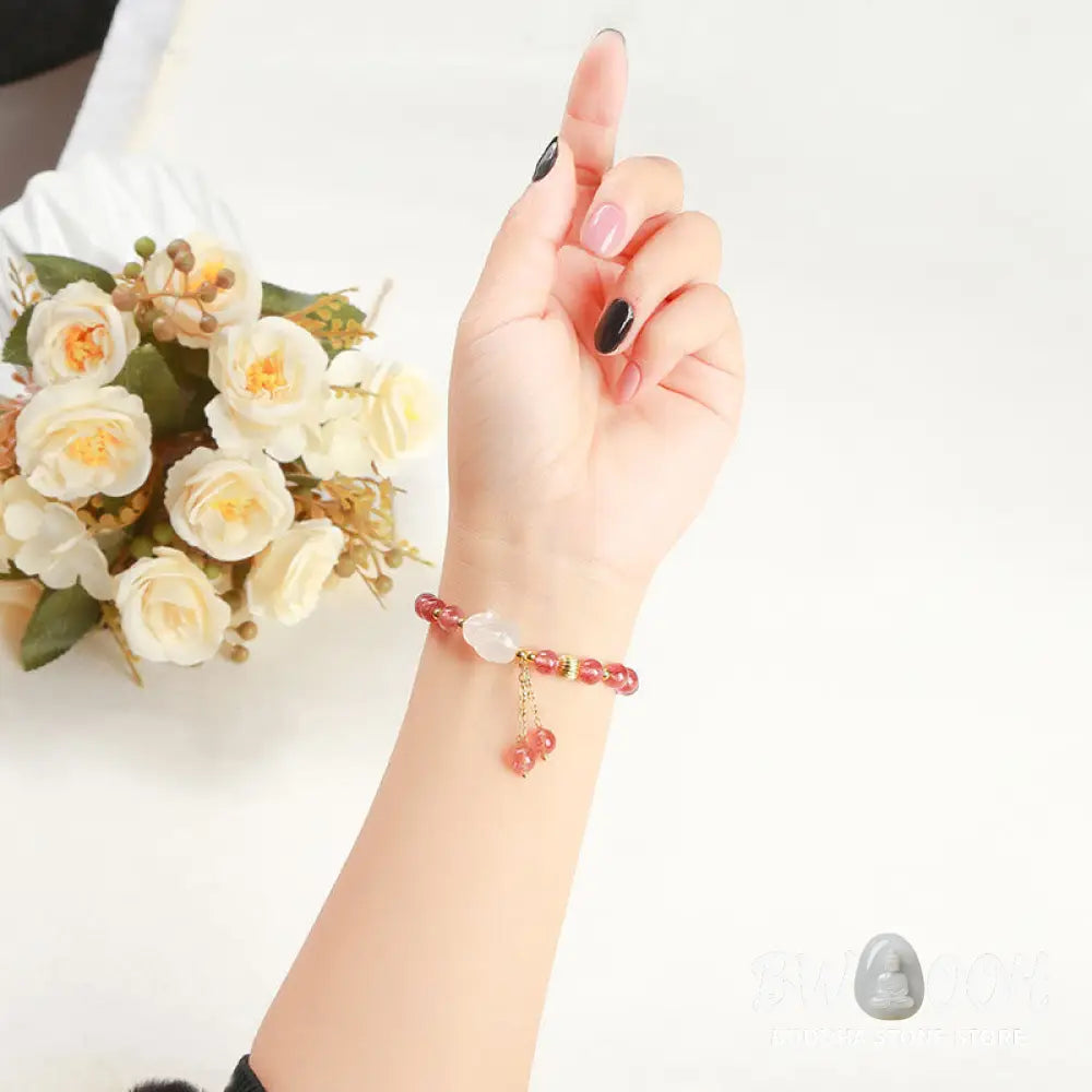 Buddha Stones Natural Strawberry Quartz Agate Rabbit Healing Bracelet - BWOOOH - Strawberry Quartz(Wrist Circumference