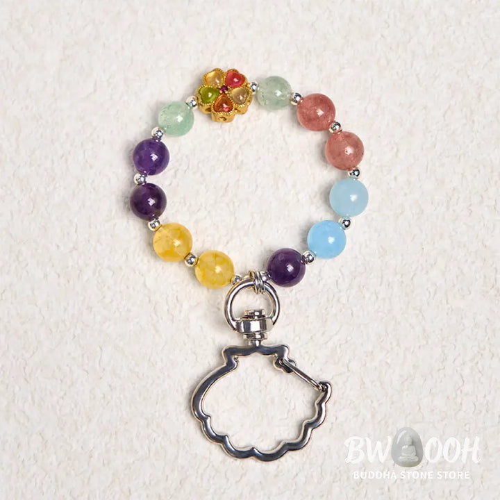 Buddha Stones Natural Strawberry Quartz Amethyst Citrine Aquamarine Flower Key Chain Hanging Decoration - Amethyst