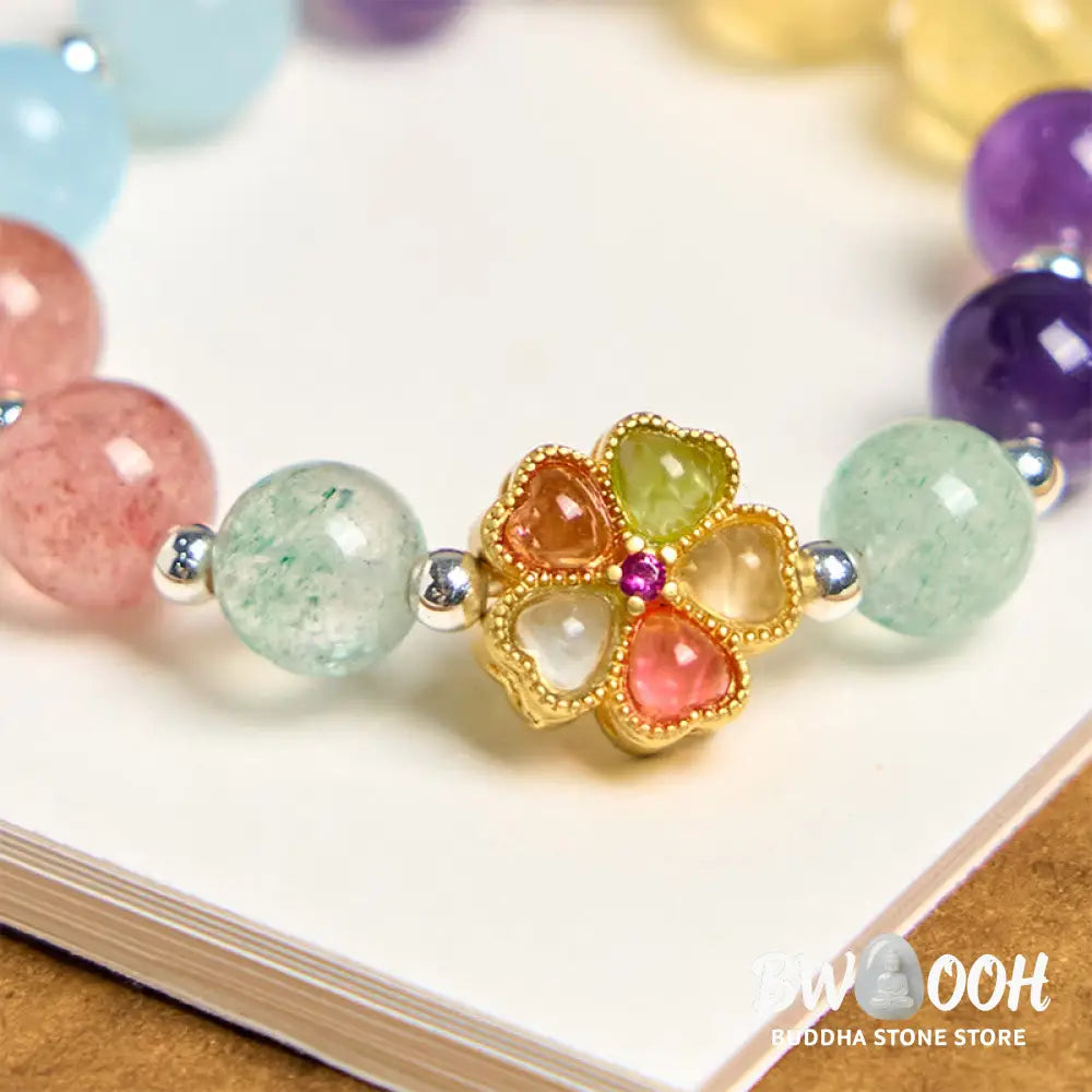 Buddha Stones Natural Strawberry Quartz Amethyst Citrine Aquamarine Flower Key Chain Hanging Decoration - Amethyst