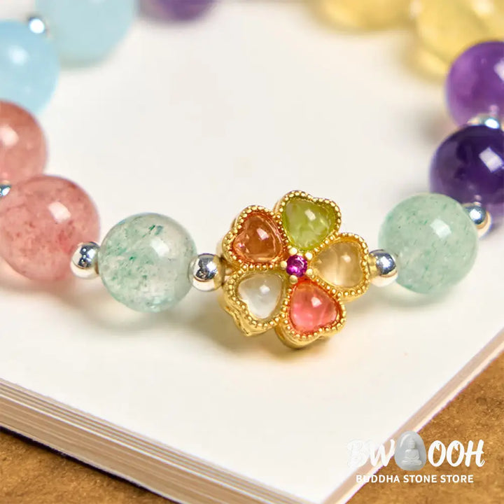 Buddha Stones Natural Strawberry Quartz Amethyst Citrine Aquamarine Flower Key Chain Hanging Decoration - Amethyst