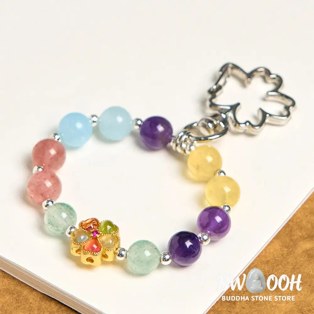 Buddha Stones Natural Strawberry Quartz Amethyst Citrine Aquamarine Flower Key Chain Hanging Decoration - Amethyst