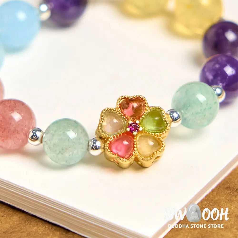 Buddha Stones Natural Strawberry Quartz Amethyst Citrine Aquamarine Flower Key Chain Hanging Decoration - Amethyst