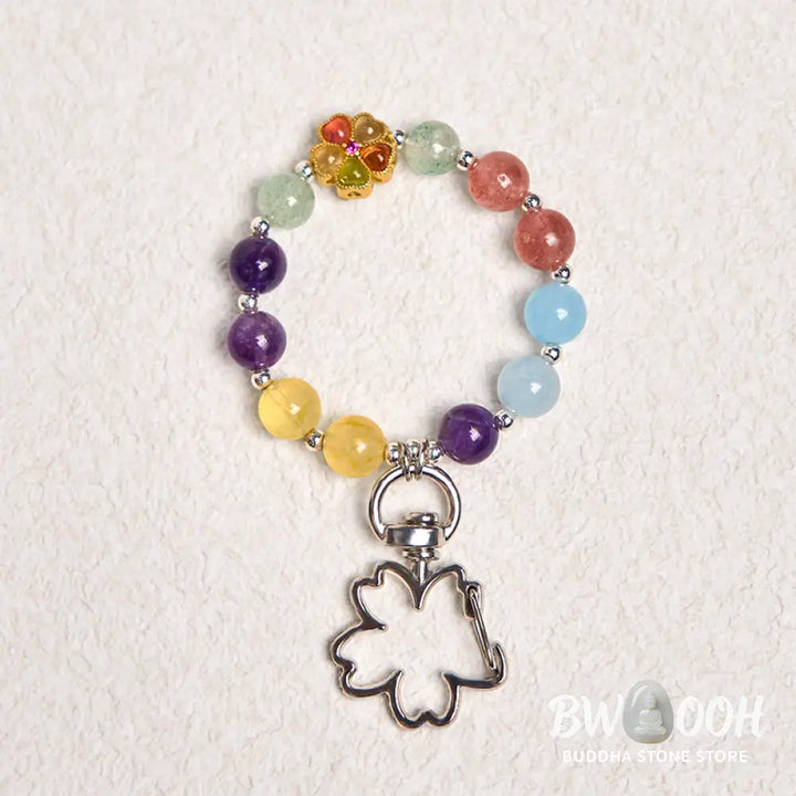 Buddha Stones Natural Strawberry Quartz Amethyst Citrine Aquamarine Flower Key Chain Hanging Decoration - Amethyst