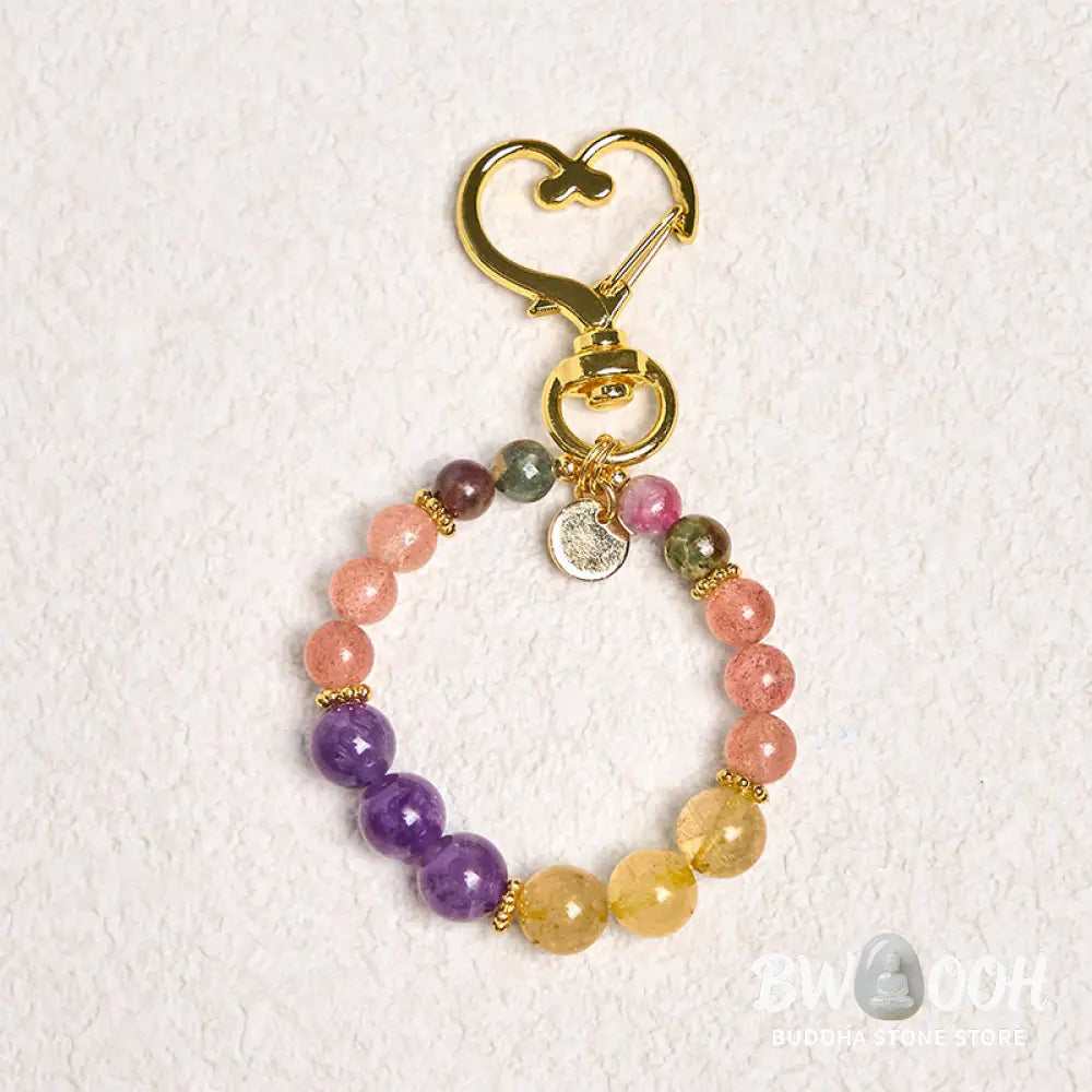 Buddha Stones Natural Strawberry Quartz Amethyst Citrine Beads Love Key Chain Hanging Decoration - Strawberry Quartz