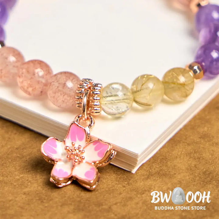 Buddha Stones Natural Strawberry Quartz Amethyst Citrine Love Flower Charm Key Chain Hanging Decoration - Strawberry