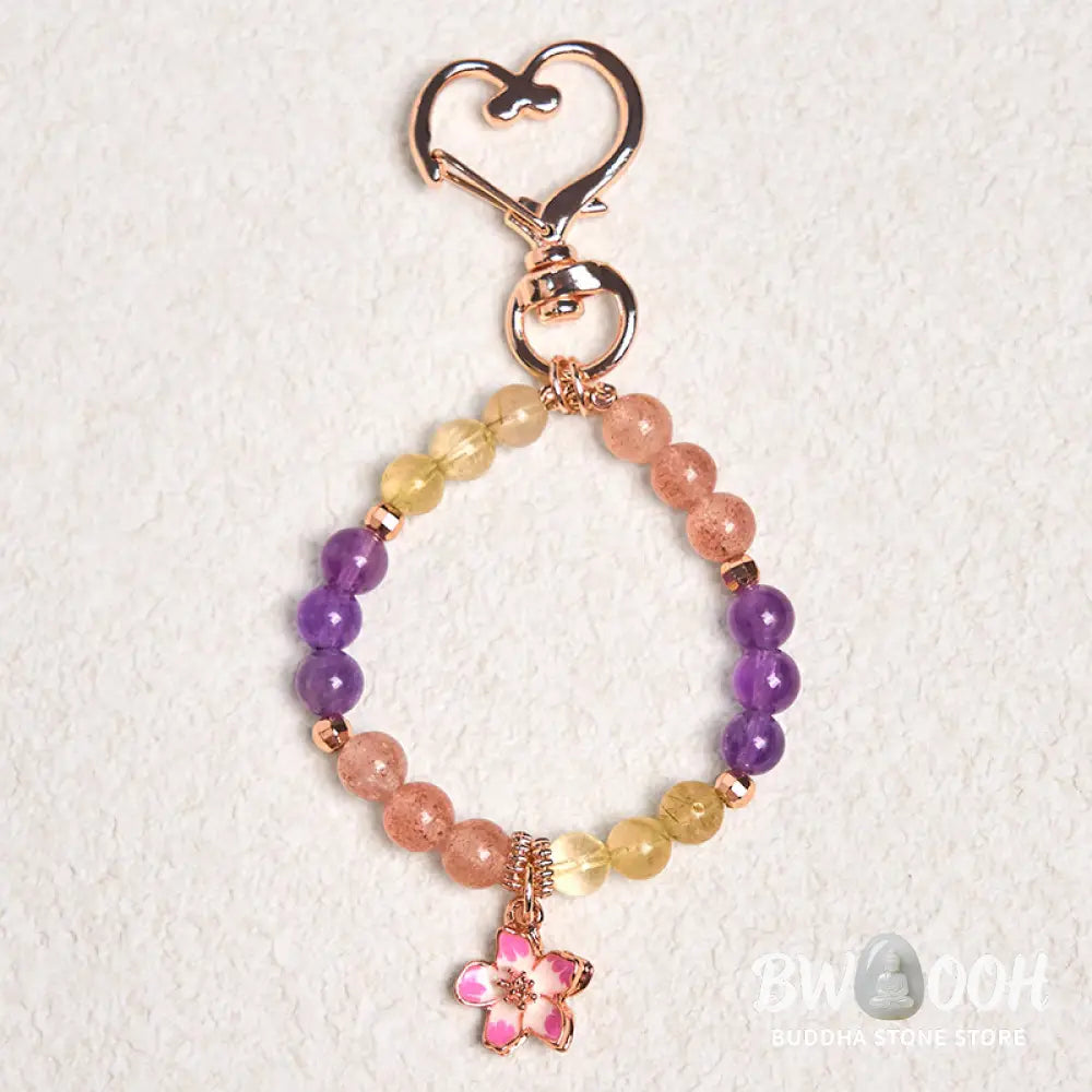 Buddha Stones Natural Strawberry Quartz Amethyst Citrine Love Flower Charm Key Chain Hanging Decoration - Strawberry