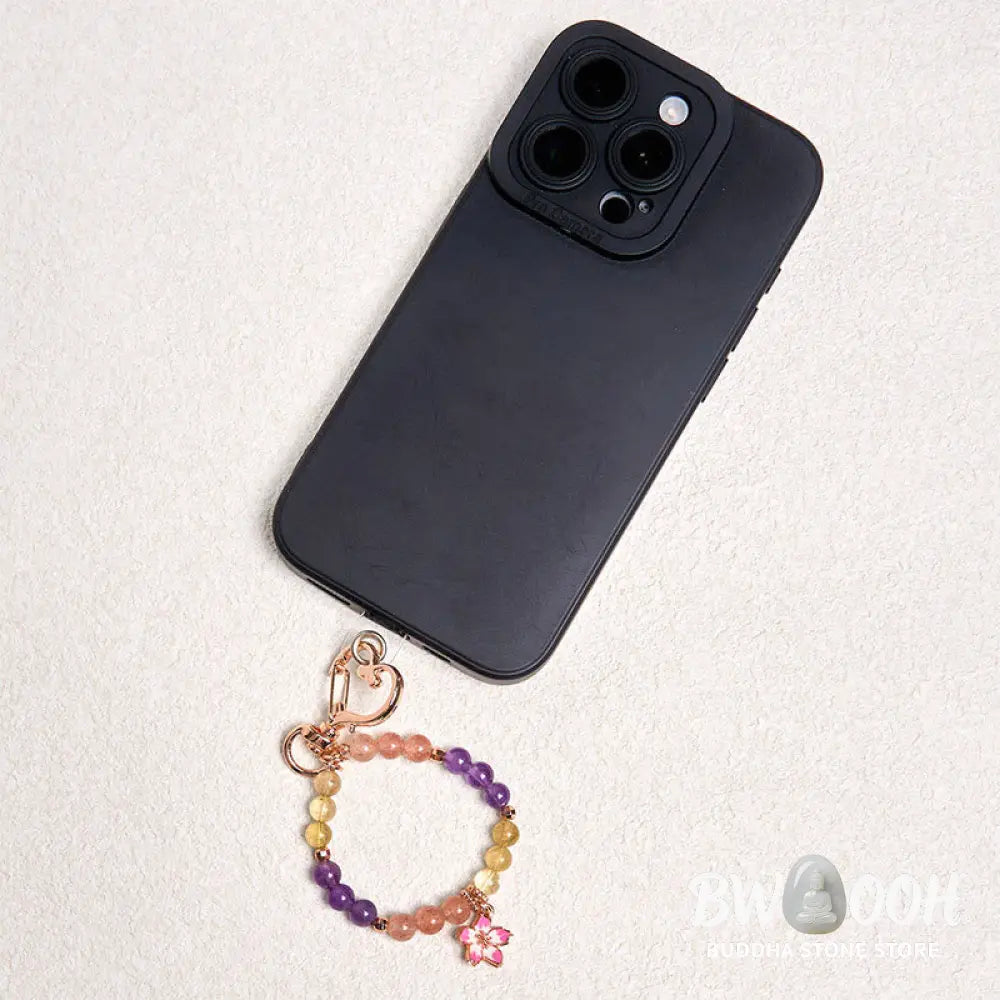 Buddha Stones Natural Strawberry Quartz Amethyst Citrine Love Flower Charm Key Chain Hanging Decoration - Strawberry