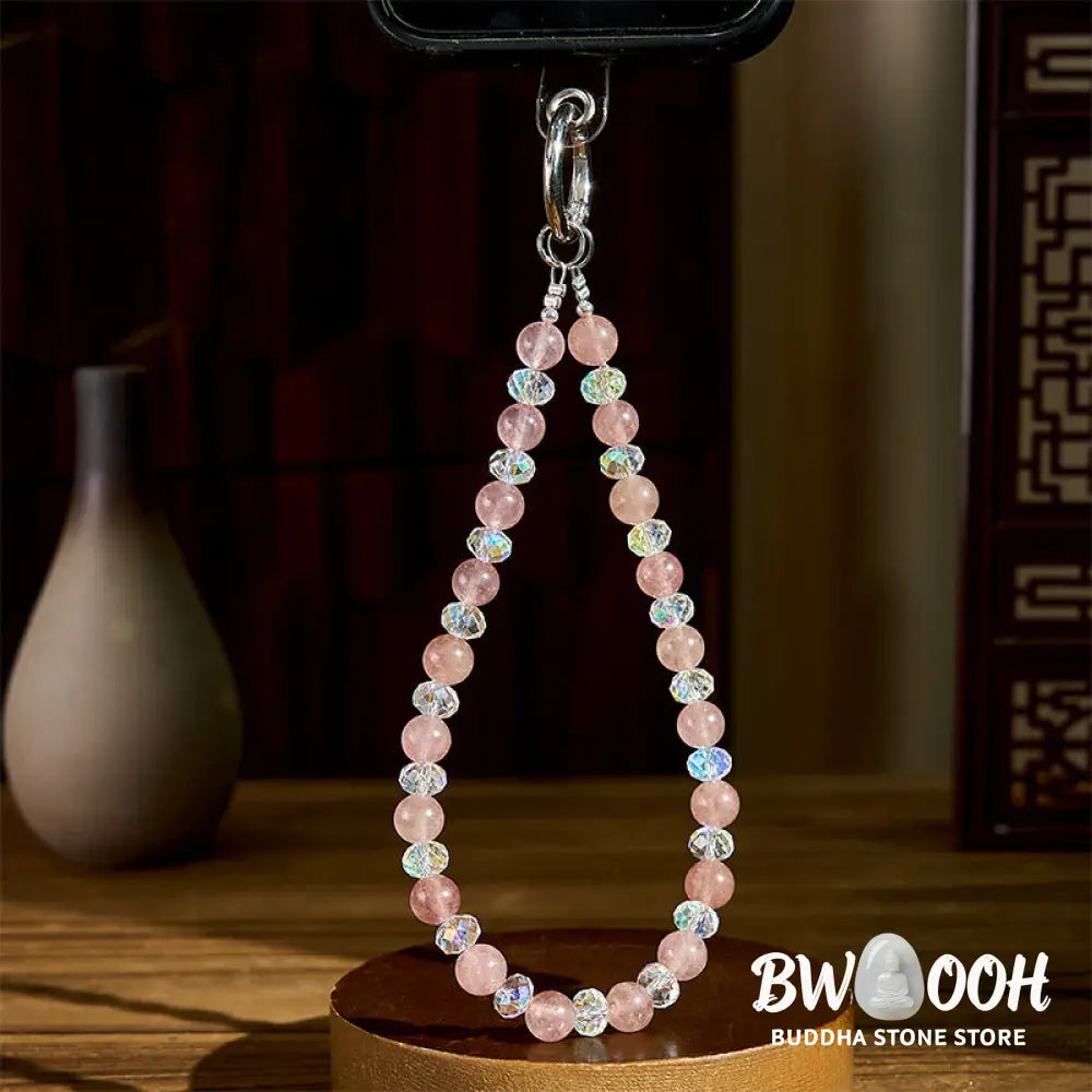 Buddha Stones Natural Strawberry Quartz Beaded Healing Key Chain Phone Hanging Decoration - Strawberry Quartz(Healing ♥
