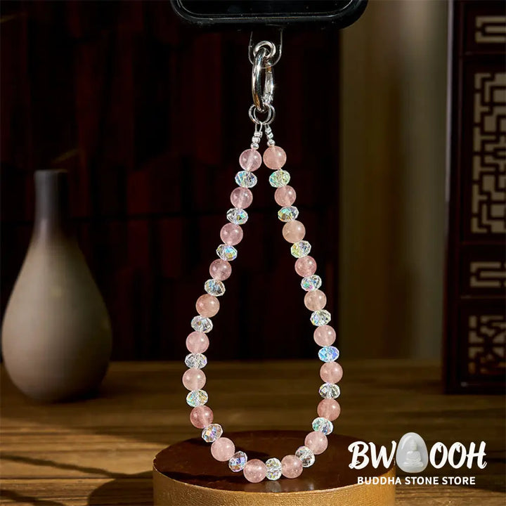 Buddha Stones Natural Strawberry Quartz Beaded Healing Key Chain Phone Hanging Decoration - Strawberry Quartz(Healing ♥