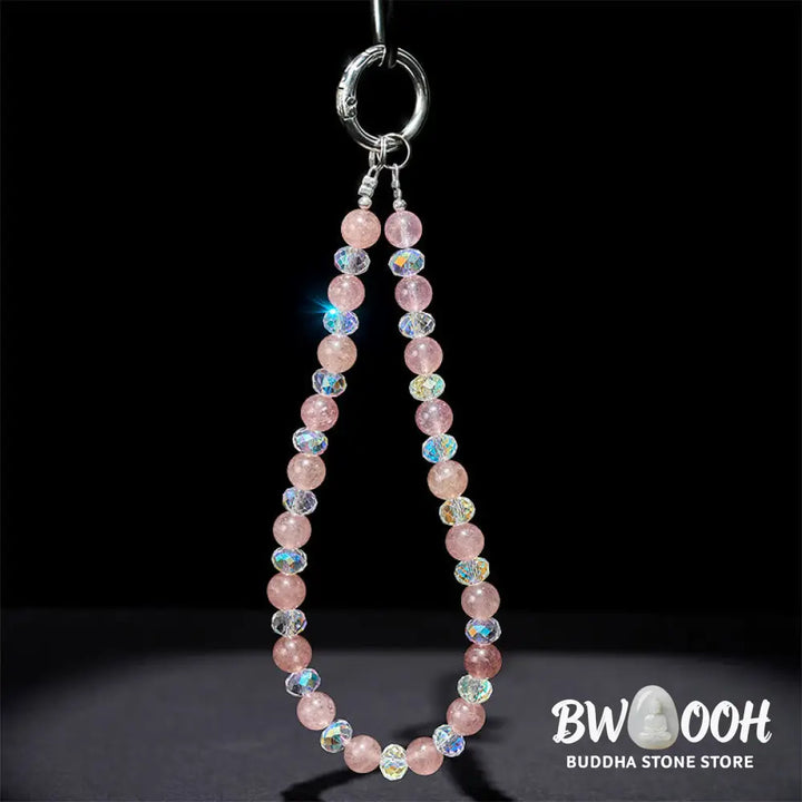 Buddha Stones Natural Strawberry Quartz Beaded Healing Key Chain Phone Hanging Decoration - Strawberry Quartz(Healing ♥