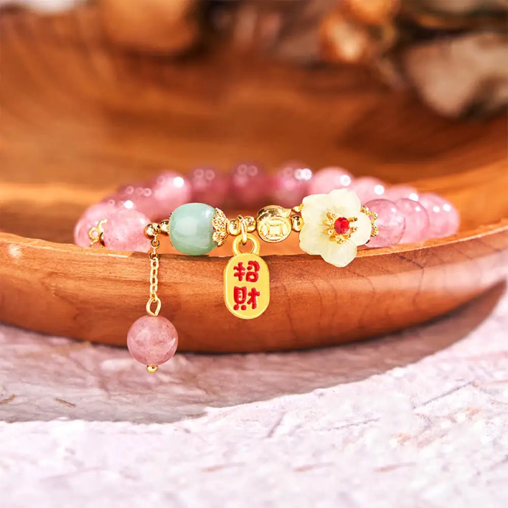 BWOOOH Natural Strawberry Quartz Blossom Fu Character Positivity Healing Bracelet - BWOOOH - Strawberry