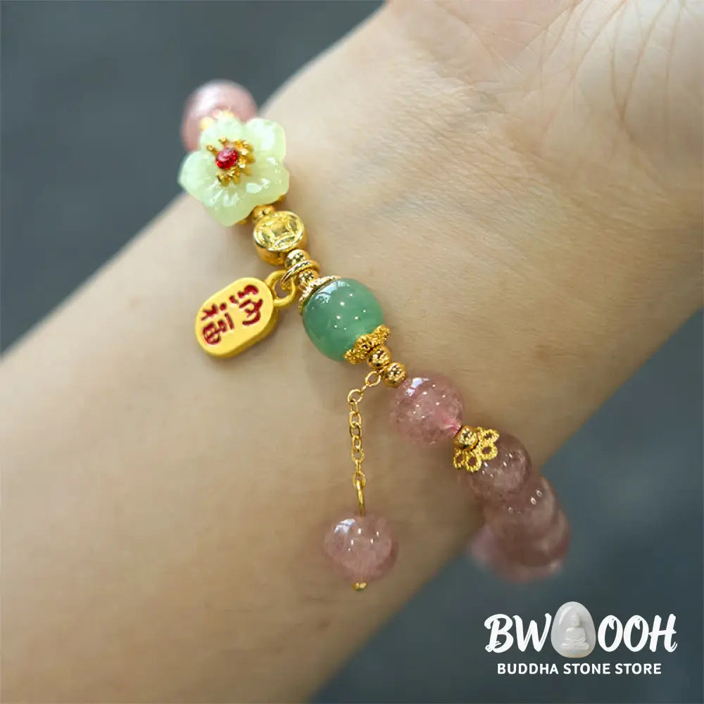 Buddha Stones Natural Strawberry Quartz Blossom Fu Character Positivity Healing Bracelet - BWOOOH - Strawberry