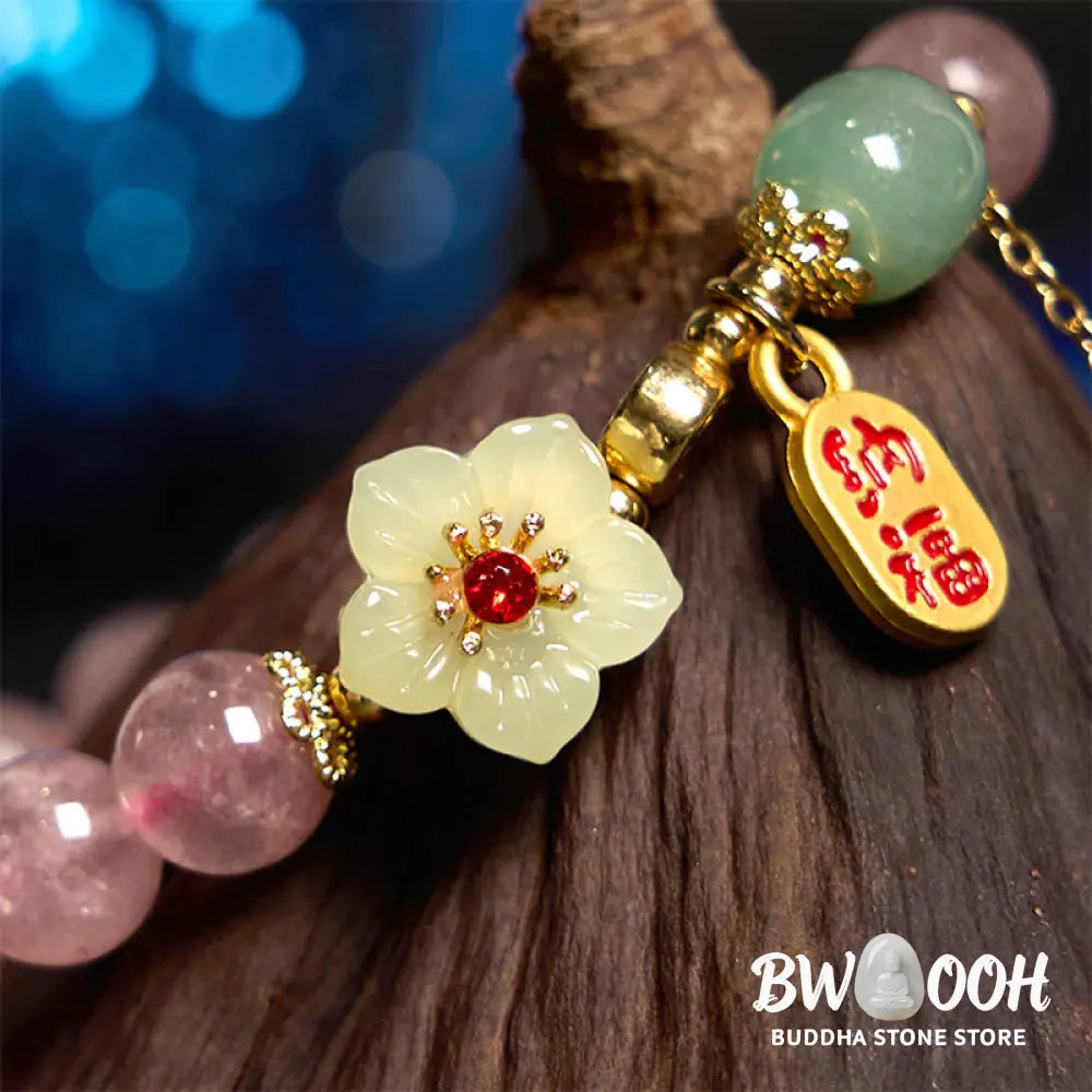 Buddha Stones Natural Strawberry Quartz Blossom Fu Character Positivity Healing Bracelet - BWOOOH - Strawberry