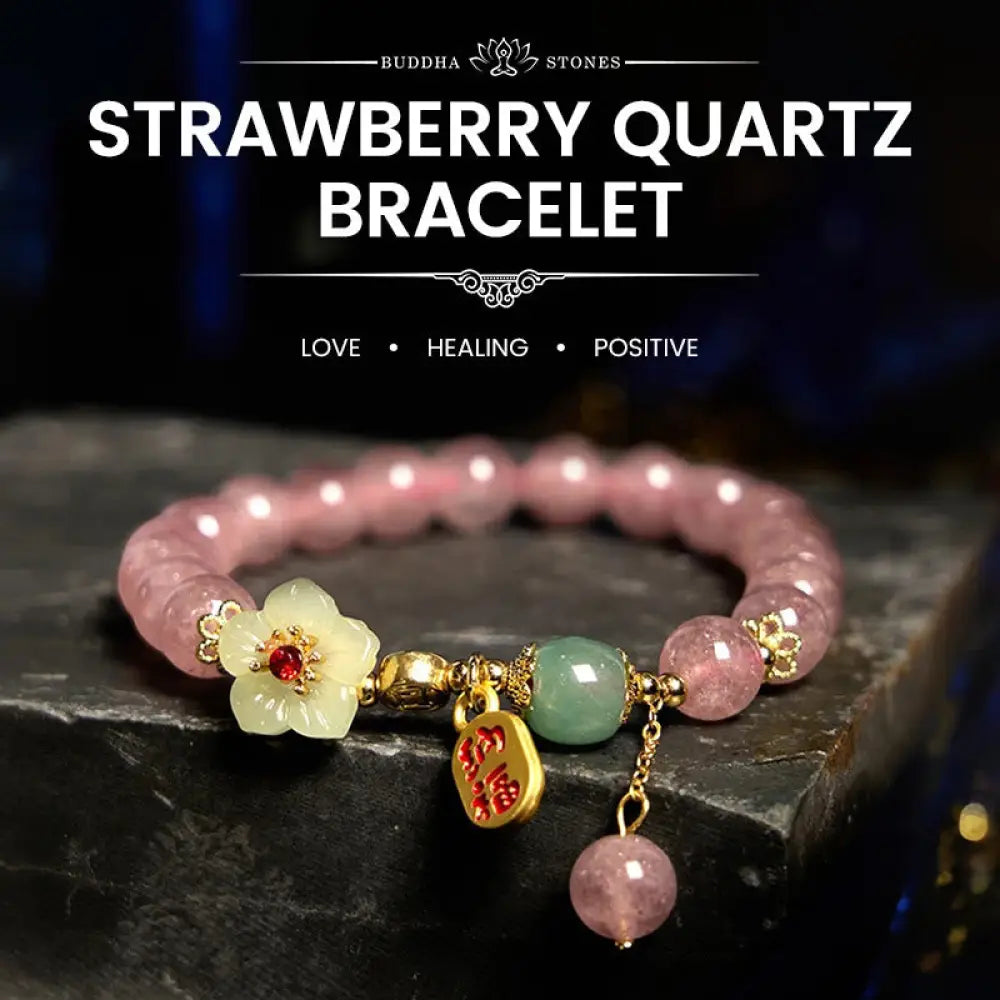 BWOOOH Natural Strawberry Quartz Blossom Fu Character Positivity Healing Bracelet - BWOOOH - Strawberry