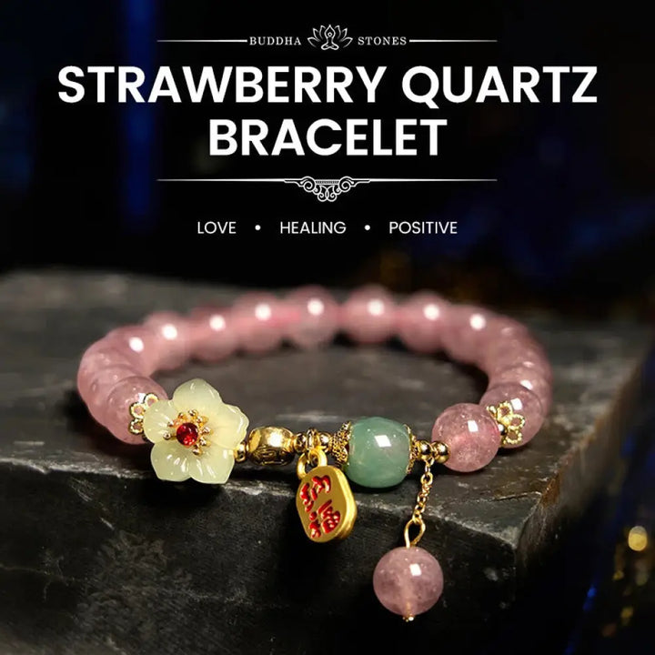 BWOOOH Natural Strawberry Quartz Blossom Fu Character Positivity Healing Bracelet - BWOOOH - Strawberry