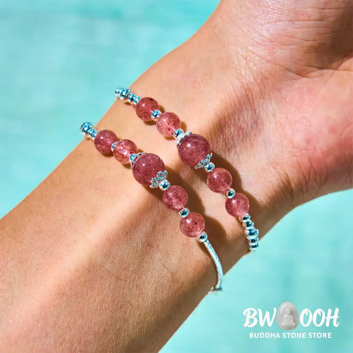 Buddha Stones Natural Strawberry Quartz Bow-knot Rosette Charm Healing Double Wrap Bracelet - BWOOOH - Strawberry
