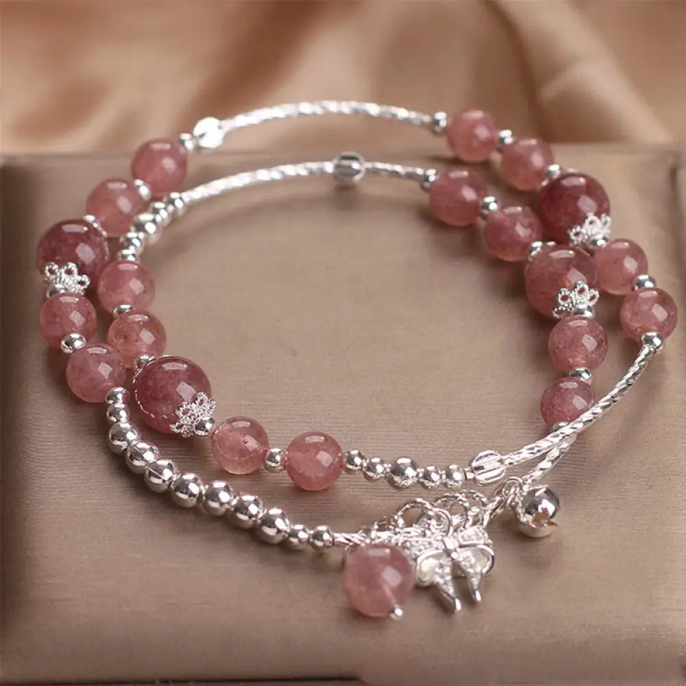 BWOOOH Natural Strawberry Quartz Bow-knot Rosette Charm Healing Double Wrap Bracelet — Strawberry Quartz crystal healing b...