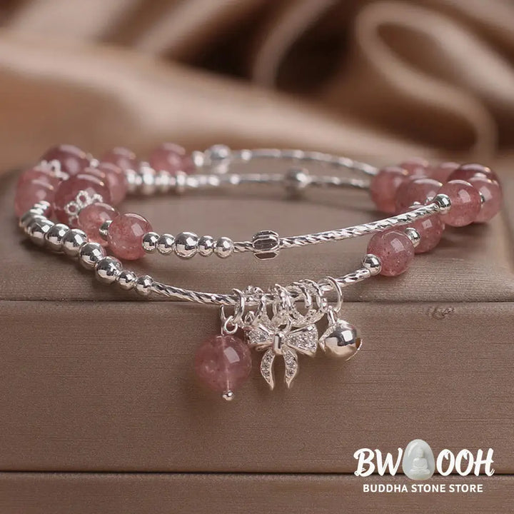 Buddha Stones Natural Strawberry Quartz Bow-knot Rosette Charm Healing Double Wrap Bracelet - BWOOOH - Strawberry
