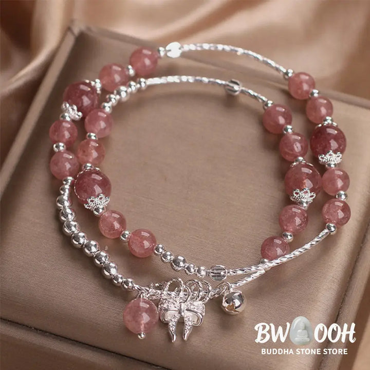 Buddha Stones Natural Strawberry Quartz Bow-knot Rosette Charm Healing Double Wrap Bracelet - BWOOOH - Strawberry