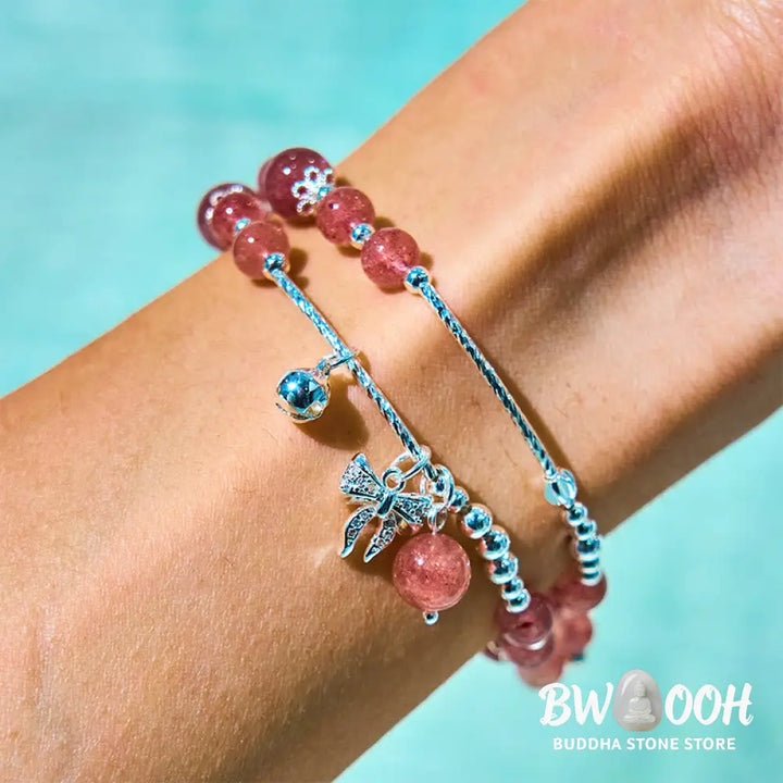 Buddha Stones Natural Strawberry Quartz Bow-knot Rosette Charm Healing Double Wrap Bracelet - BWOOOH - Strawberry