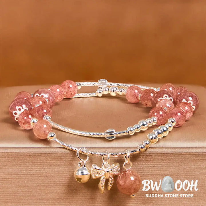 Buddha Stones Natural Strawberry Quartz Bow-knot Rosette Charm Healing Double Wrap Bracelet - BWOOOH - Strawberry