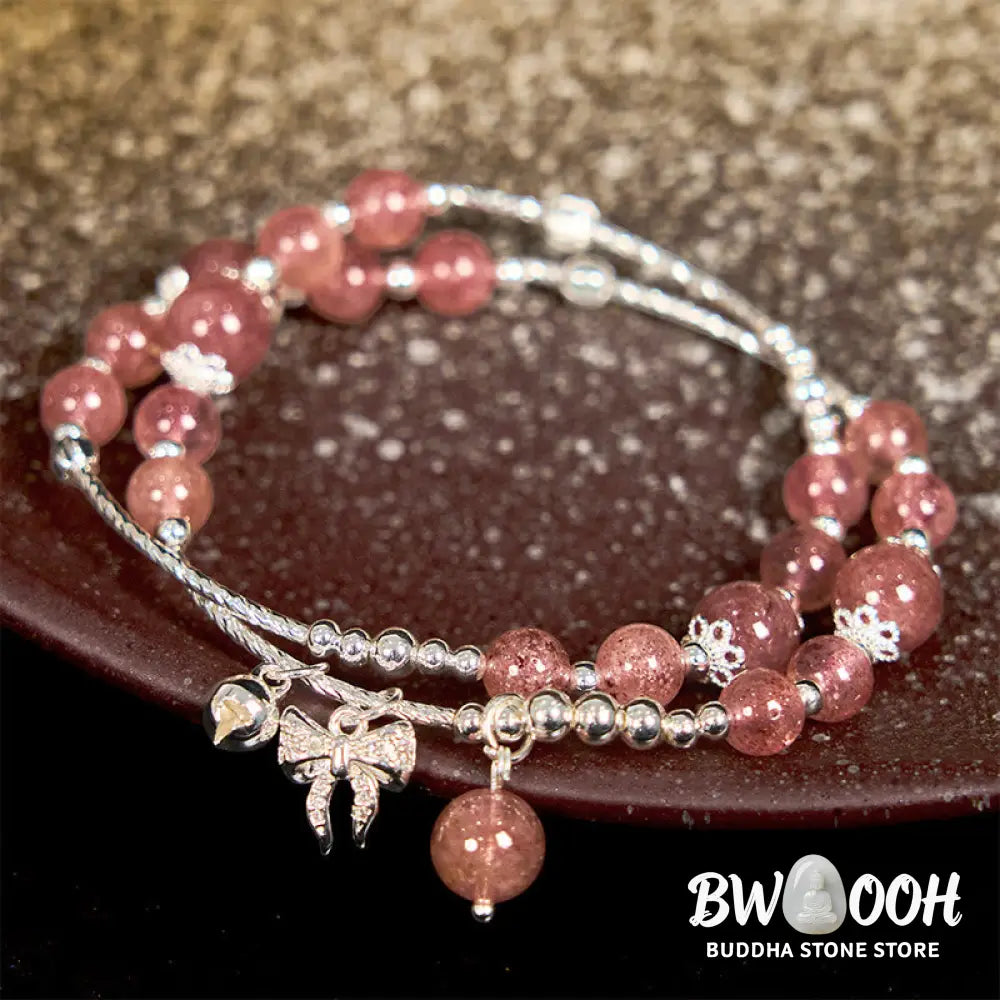 Buddha Stones Natural Strawberry Quartz Bow-knot Rosette Charm Healing Double Wrap Bracelet - BWOOOH - Strawberry