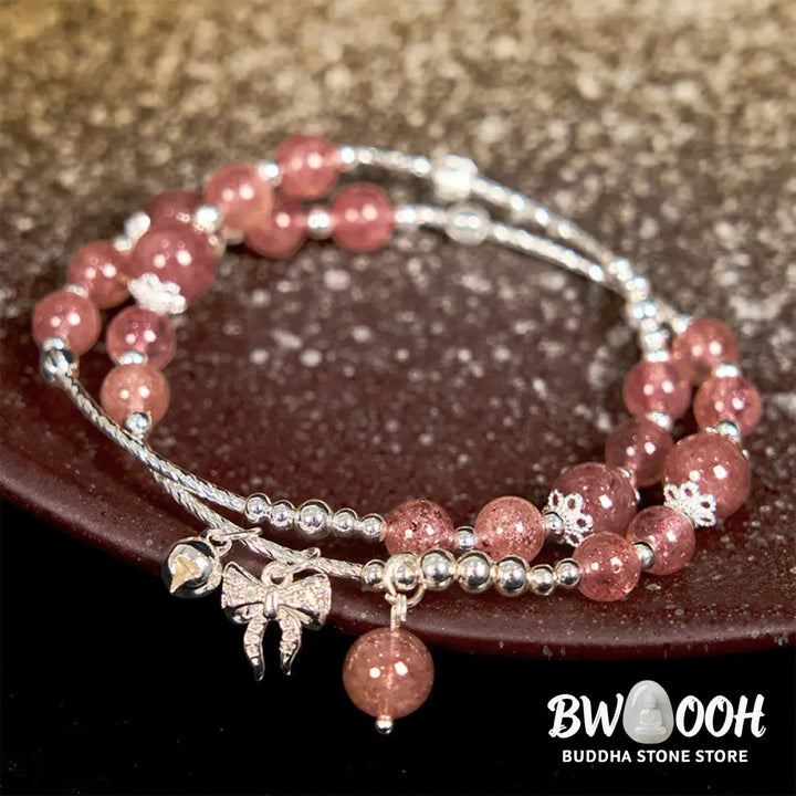 Buddha Stones Natural Strawberry Quartz Bow-knot Rosette Charm Healing Double Wrap Bracelet - BWOOOH - Strawberry