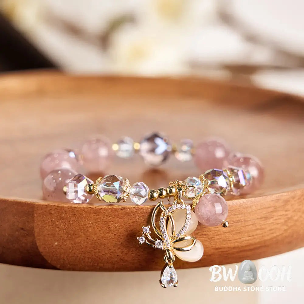 Buddha Stones Natural Strawberry Quartz Butterfly Healing Bracelet - BWOOOH - Strawberry Quartz(Wrist Circumference