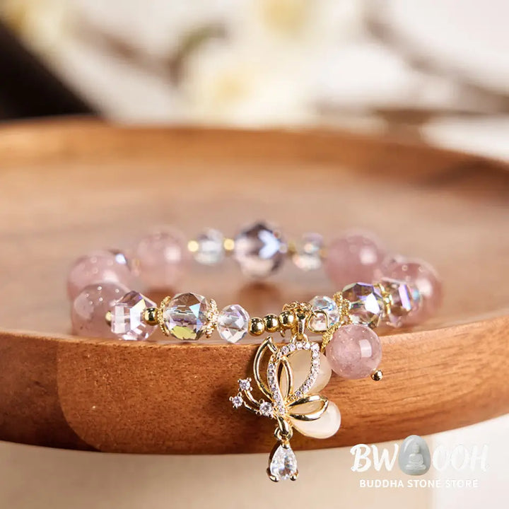 Buddha Stones Natural Strawberry Quartz Butterfly Healing Bracelet - BWOOOH - Strawberry Quartz(Wrist Circumference