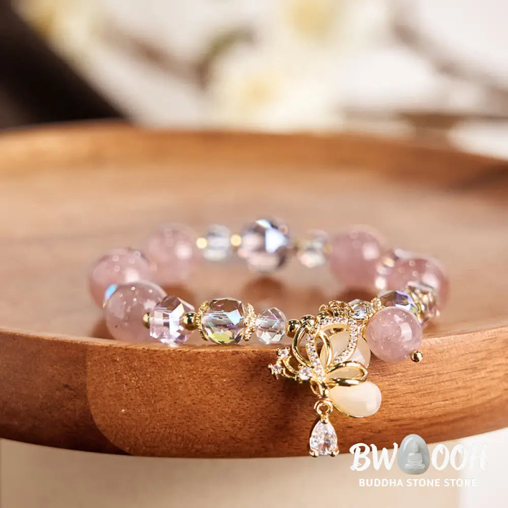 Buddha Stones Natural Strawberry Quartz Butterfly Healing Bracelet - BWOOOH - Strawberry Quartz(Wrist Circumference