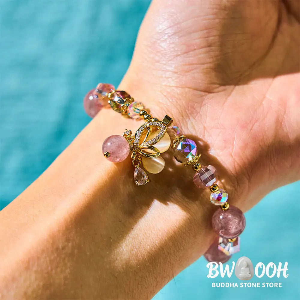 Buddha Stones Natural Strawberry Quartz Butterfly Healing Bracelet - BWOOOH - Strawberry Quartz(Wrist Circumference