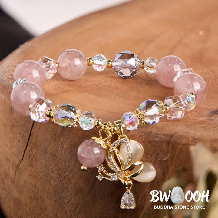 Buddha Stones Natural Strawberry Quartz Butterfly Healing Bracelet - BWOOOH - Strawberry Quartz(Wrist Circumference