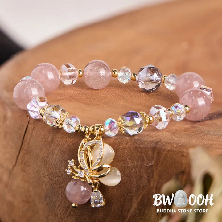 Buddha Stones Natural Strawberry Quartz Butterfly Healing Bracelet - BWOOOH - Strawberry Quartz(Wrist Circumference
