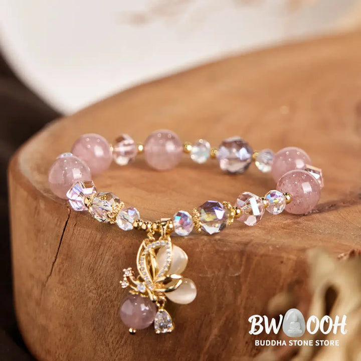 Buddha Stones Natural Strawberry Quartz Butterfly Healing Bracelet - BWOOOH - Strawberry Quartz(Wrist Circumference