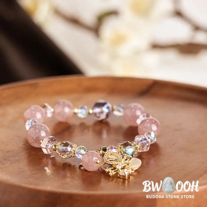 Buddha Stones Natural Strawberry Quartz Butterfly Healing Bracelet - BWOOOH - Strawberry Quartz(Wrist Circumference