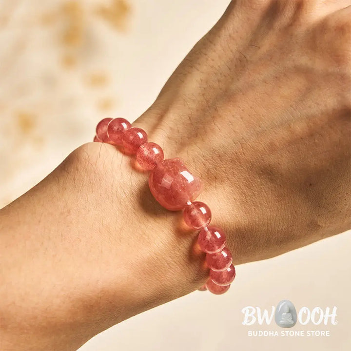 Buddha Stones Natural Strawberry Quartz Cat Healing Positive Bracelet - Strawberry Quartz(Wrist Circumference 15-16cm)