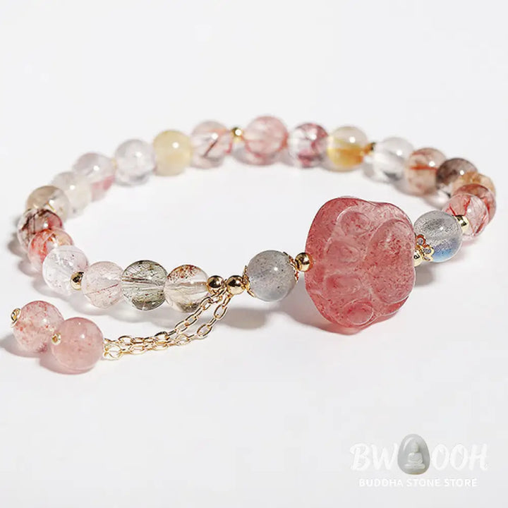 Buddha Stones Natural Strawberry Quartz Cat Paw Claw Colorful Rutilated Quartz Moonstone Love Bracelet - BWOOOH
