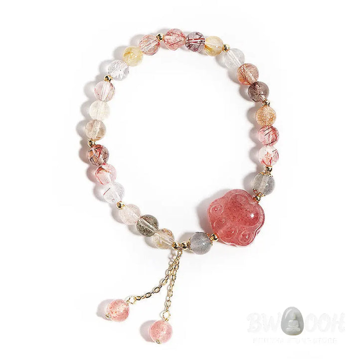 Buddha Stones Natural Strawberry Quartz Cat Paw Claw Colorful Rutilated Quartz Moonstone Love Bracelet - BWOOOH