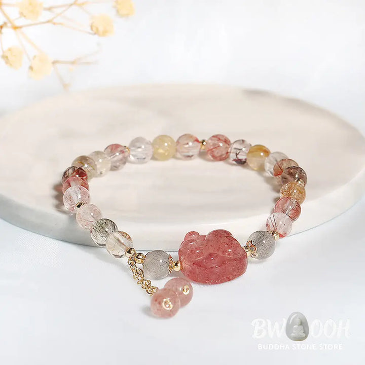Buddha Stones Natural Strawberry Quartz Cat Paw Claw Colorful Rutilated Quartz Moonstone Love Bracelet - BWOOOH