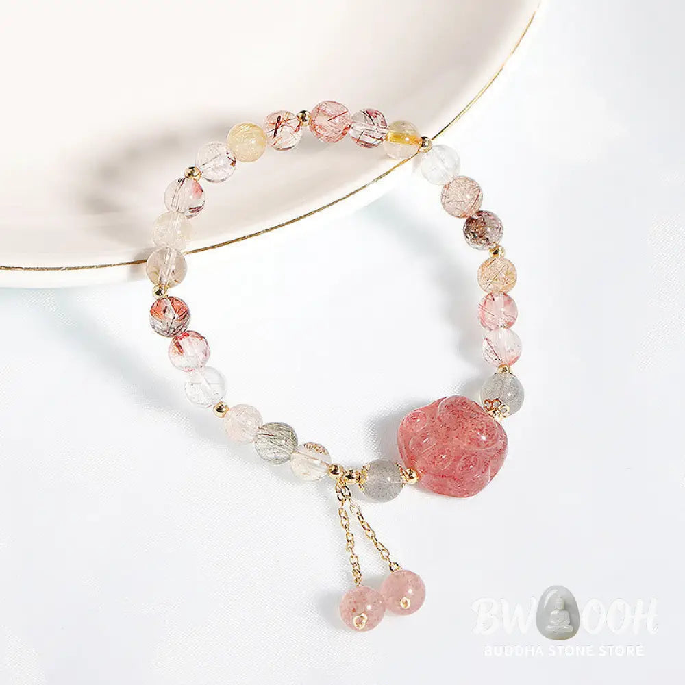 Buddha Stones Natural Strawberry Quartz Cat Paw Claw Colorful Rutilated Quartz Moonstone Love Bracelet - BWOOOH